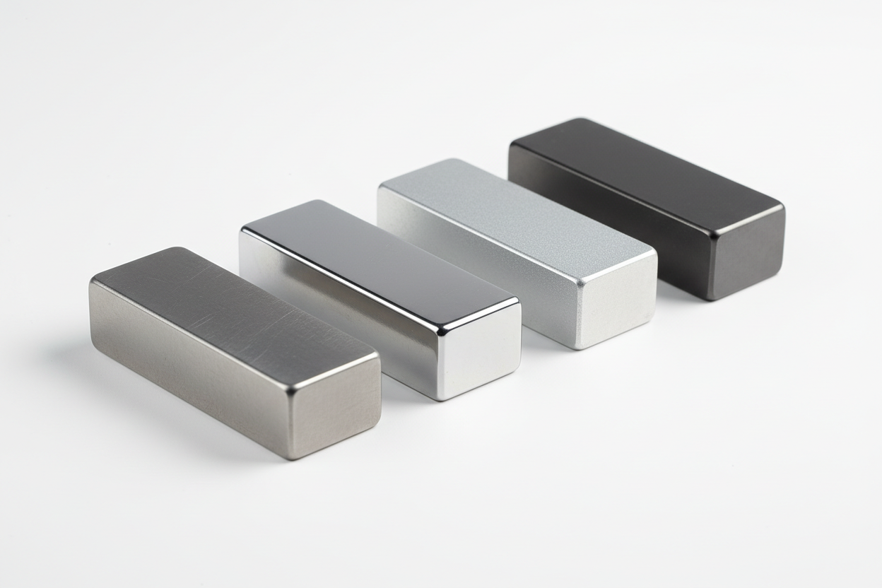 Four compact rectangular metal gear carry accessories in silver, chrome, gray, and black on white