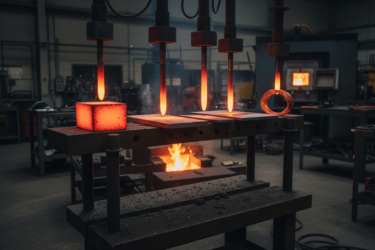 Industrial metalworking shop with glowing hot metal rods, heated square and coil on work table, fire in background.