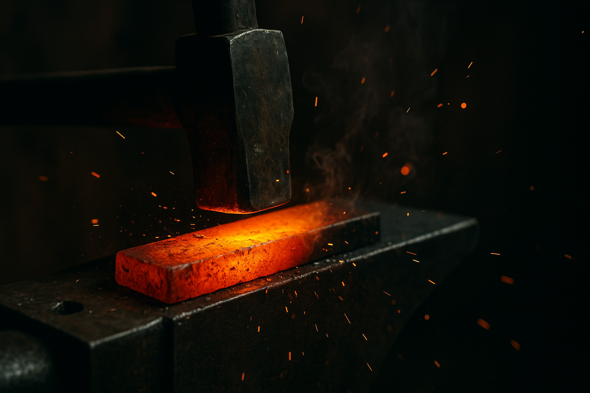 Close-up of a hammer striking hot iron on an anvil, sparks flying, durable gear concept