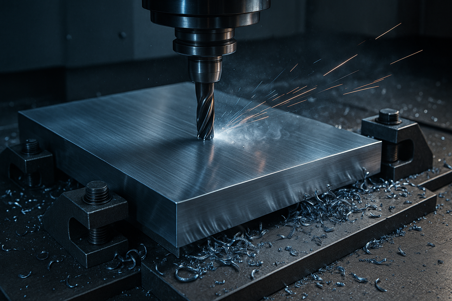 Precision CNC milling of a metal plate, sparks flying, showcasing durable Gear Carry manufacturing
