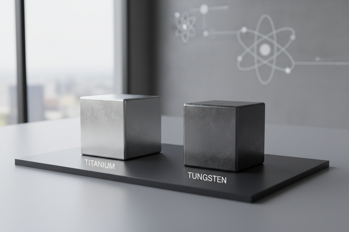 Titanium and tungsten metal cubes on display in a modern laboratory setting